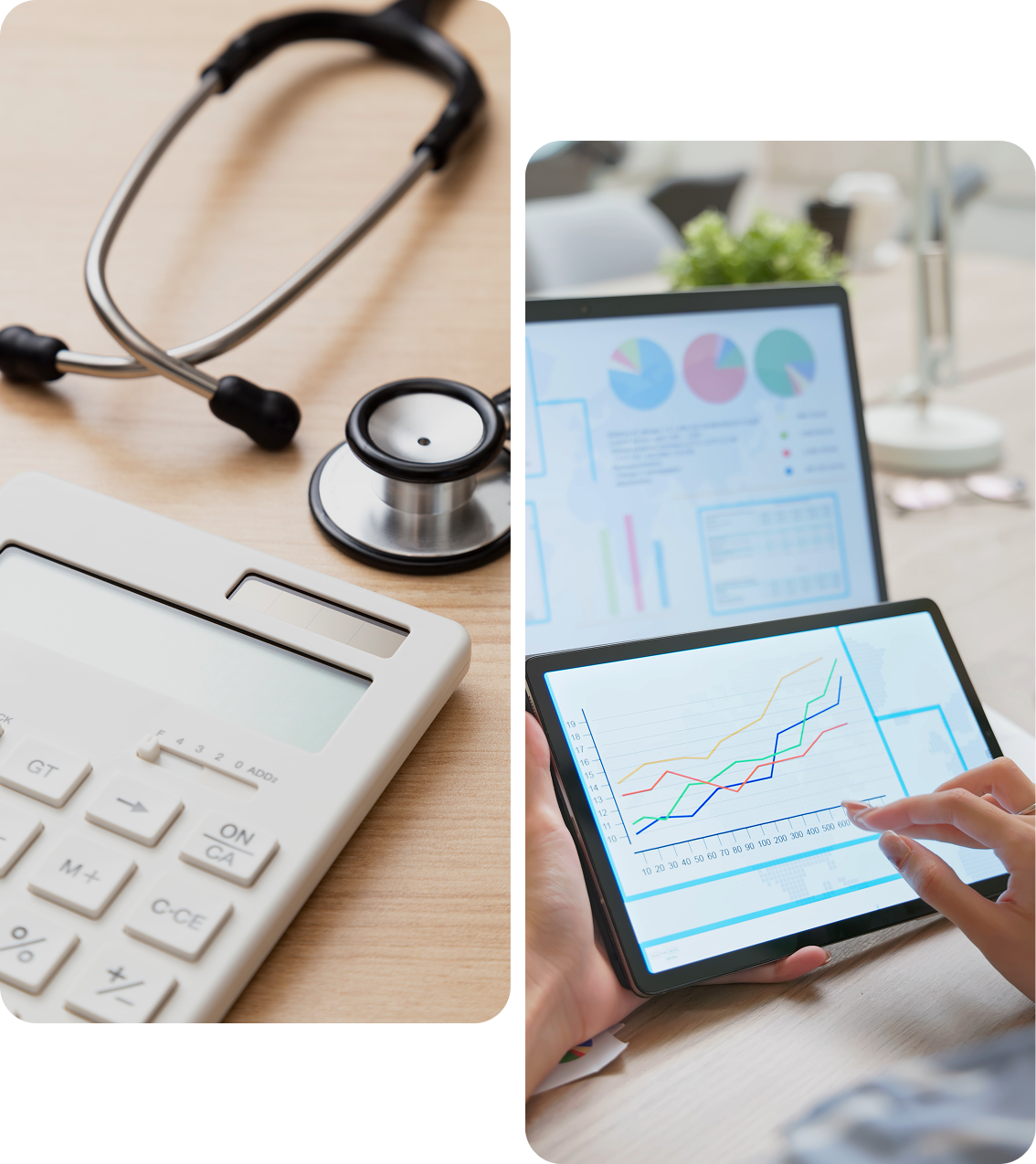Stethoscope and calculator on table